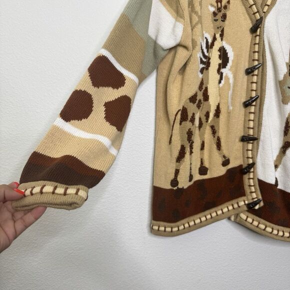 Storybook Knits Sweater Large Brown Giraffe Safari Cardigan Grannycore Statement - Picture 4 of 11